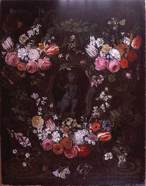 Jan Philip van Thielen Garland of flowers surrounding cherub in grisaille France oil painting art